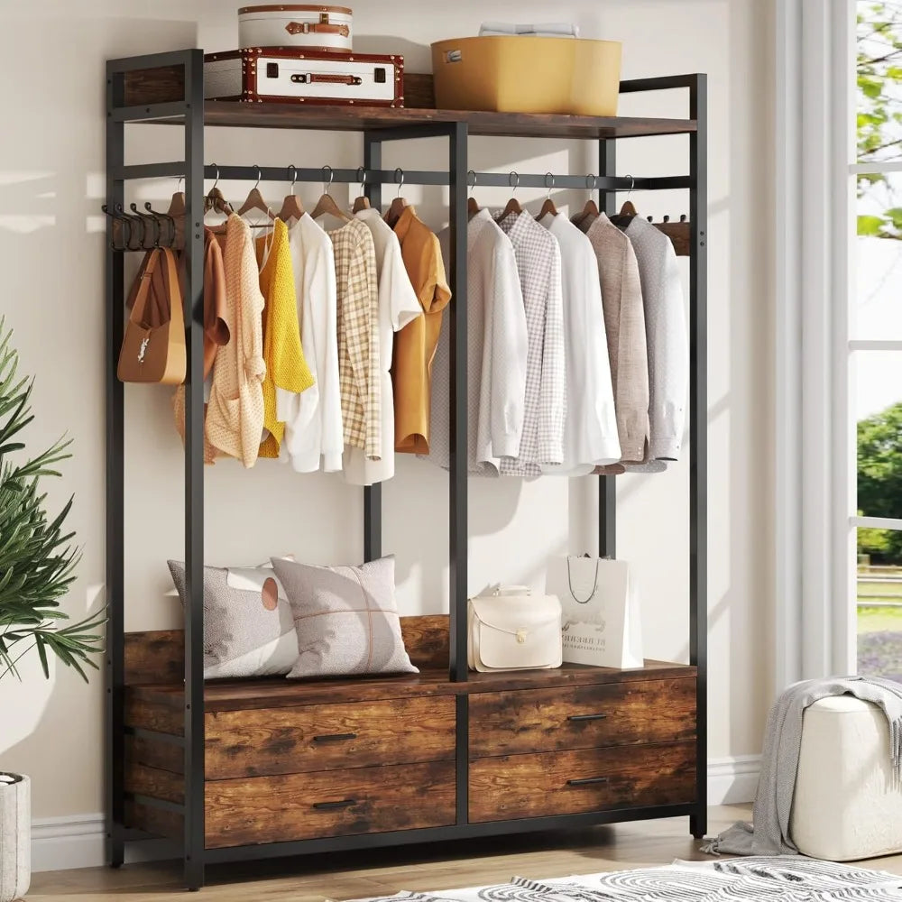 Freestanding Closet Organizer for Hanging Clothes, Heavy Duty Garment Rack with 4 Drawers, 8 Hooks and Storage Shelves