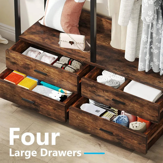 Freestanding Closet Organizer for Hanging Clothes, Heavy Duty Garment Rack with 4 Drawers, 8 Hooks and Storage Shelves