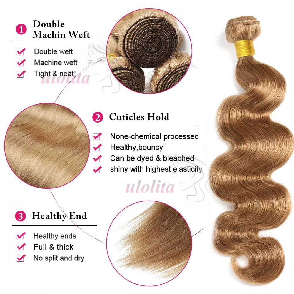 27# Honey Blonde Bundles Body Wave Human Hair Bundles Malaysian Remy Hair Weave 100% Virgin Unprocessed Human Hair Extensions