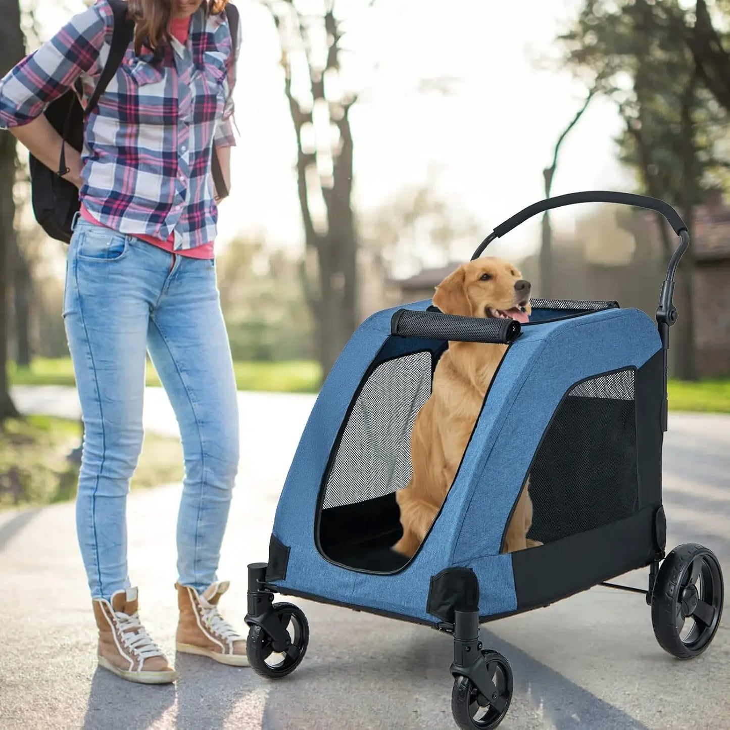 Dog Stroller for Large Dogs - Extra Large Pet Stroller for Senior Dogs, Safety Belt, Adjustable Handle, Removable Pad, Folding D