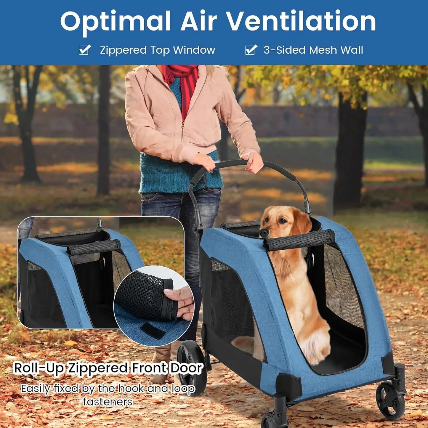 Dog Stroller for Large Dogs - Extra Large Pet Stroller for Senior Dogs, Safety Belt, Adjustable Handle, Removable Pad, Folding D