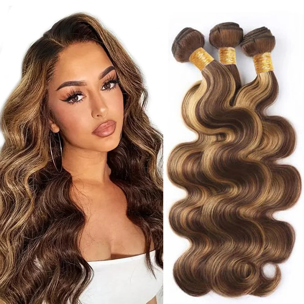 P4/27 Human Hair Bundles Ombre Highlight Body Wave Honey Blonde Virgin Remy Hair Extensions Double Weft Wet and Wavy 3 Bundles