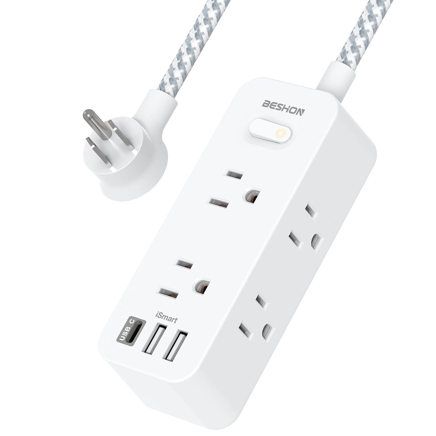 Power Strip Surge Protector, 5Ft Extension Cord, 6 Outlets with 3 USB Ports(1 USB C Outlet), 3-Side Outlet Extender, Wall Mount, Compact for Travel, Home, School, College Dorm Room and Office