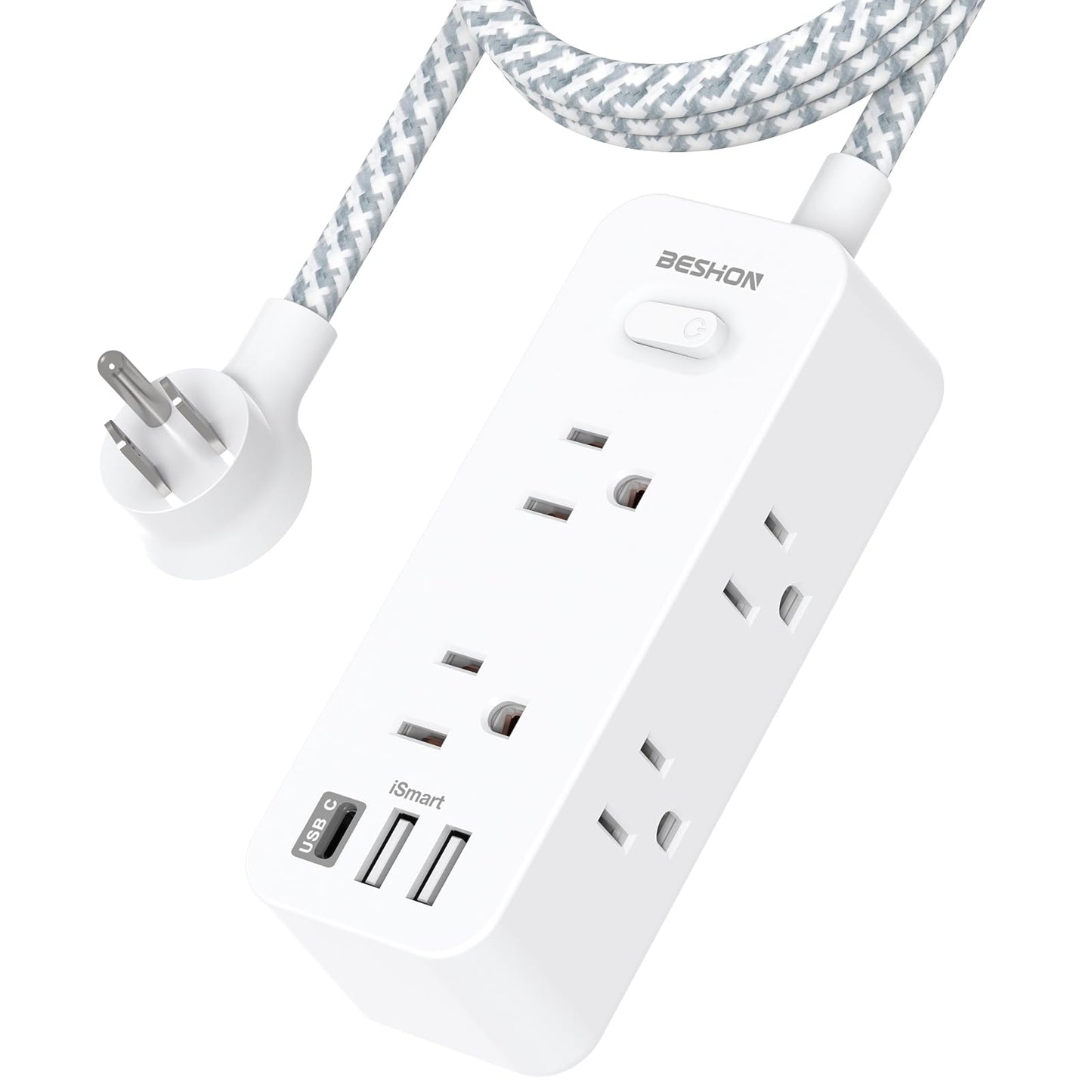 Power Strip Surge Protector, 5Ft Extension Cord, 6 Outlets with 3 USB Ports(1 USB C Outlet), 3-Side Outlet Extender, Wall Mount, Compact for Travel, Home, School, College Dorm Room and Office