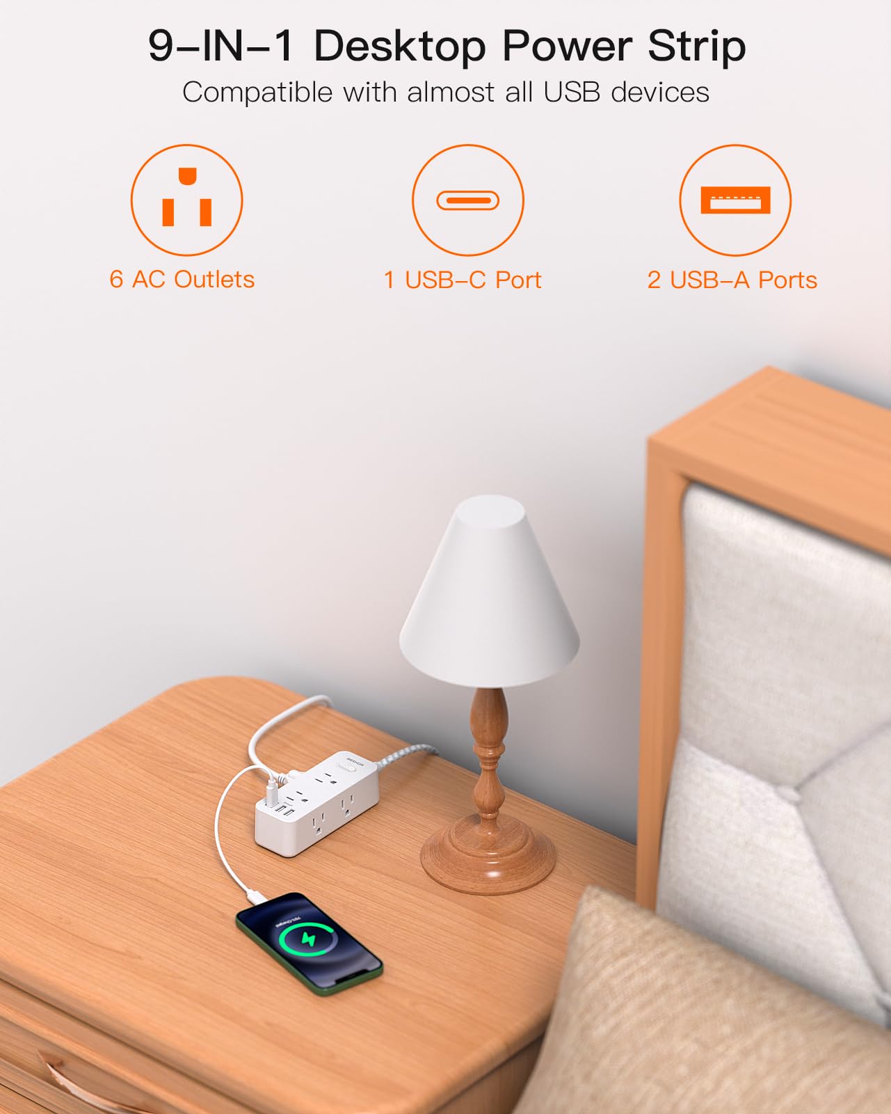 Power Strip Surge Protector, 5Ft Extension Cord, 6 Outlets with 3 USB Ports(1 USB C Outlet), 3-Side Outlet Extender, Wall Mount, Compact for Travel, Home, School, College Dorm Room and Office