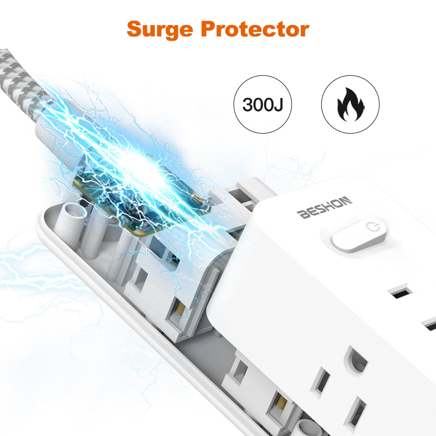 Power Strip Surge Protector, 5Ft Extension Cord, 6 Outlets with 3 USB Ports(1 USB C Outlet), 3-Side Outlet Extender, Wall Mount, Compact for Travel, Home, School, College Dorm Room and Office