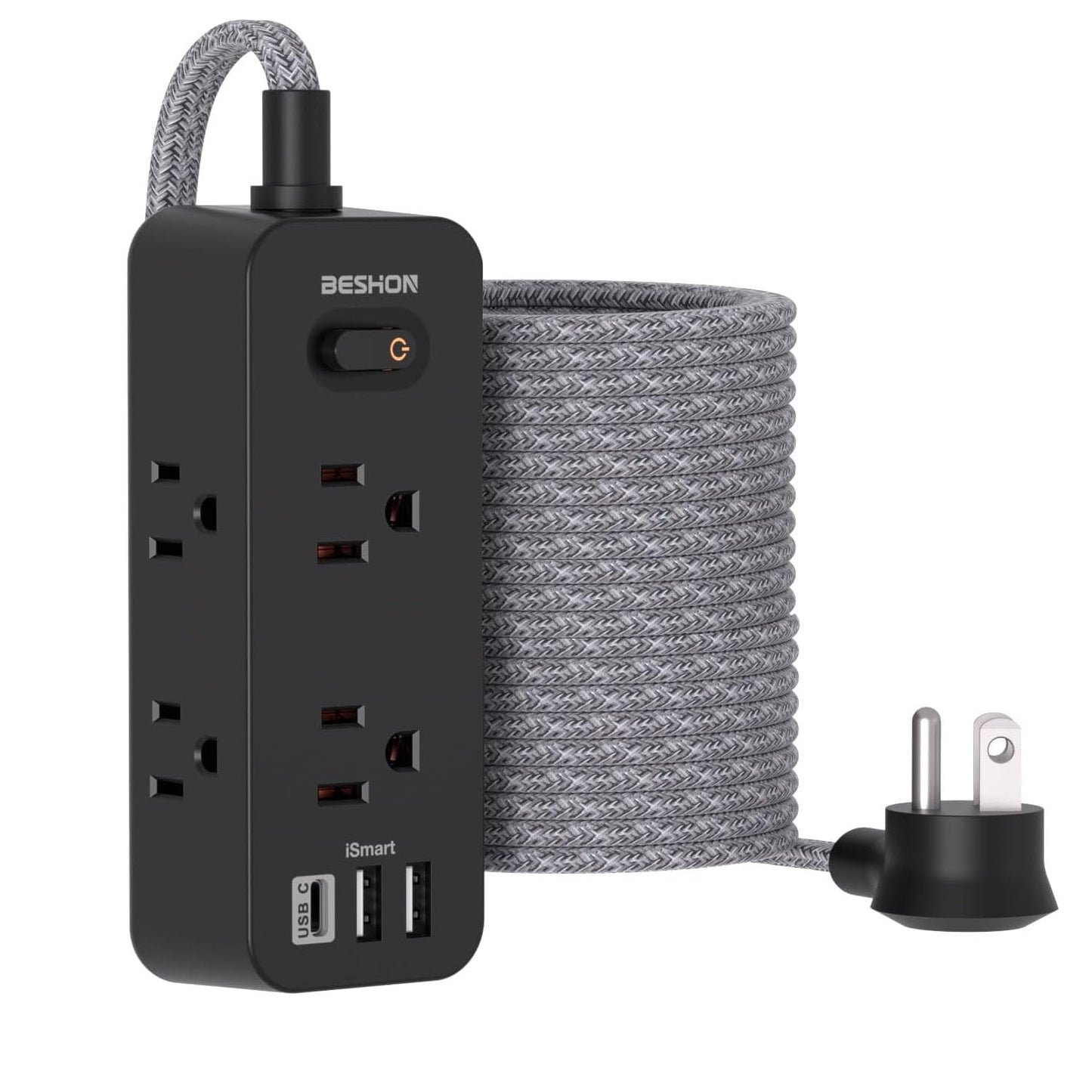 Power Strip Surge Protector, 5Ft Extension Cord, 6 Outlets with 3 USB Ports(1 USB C Outlet), 3-Side Outlet Extender, Wall Mount, Compact for Travel, Home, School, College Dorm Room and Office