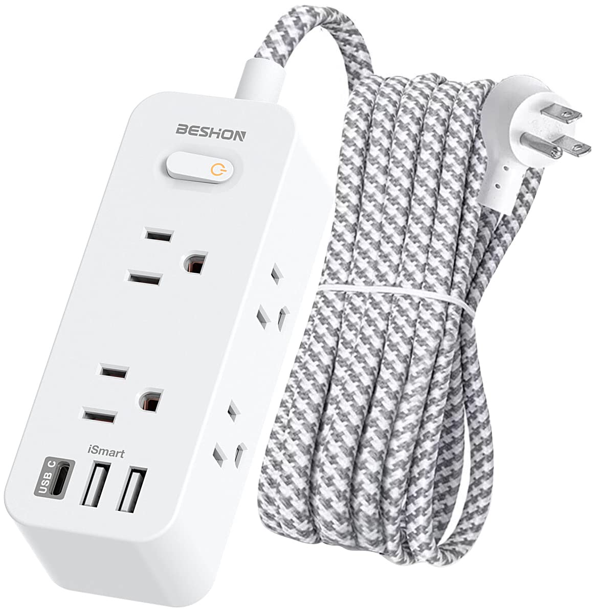 Power Strip Surge Protector, 5Ft Extension Cord, 6 Outlets with 3 USB Ports(1 USB C Outlet), 3-Side Outlet Extender, Wall Mount, Compact for Travel, Home, School, College Dorm Room and Office