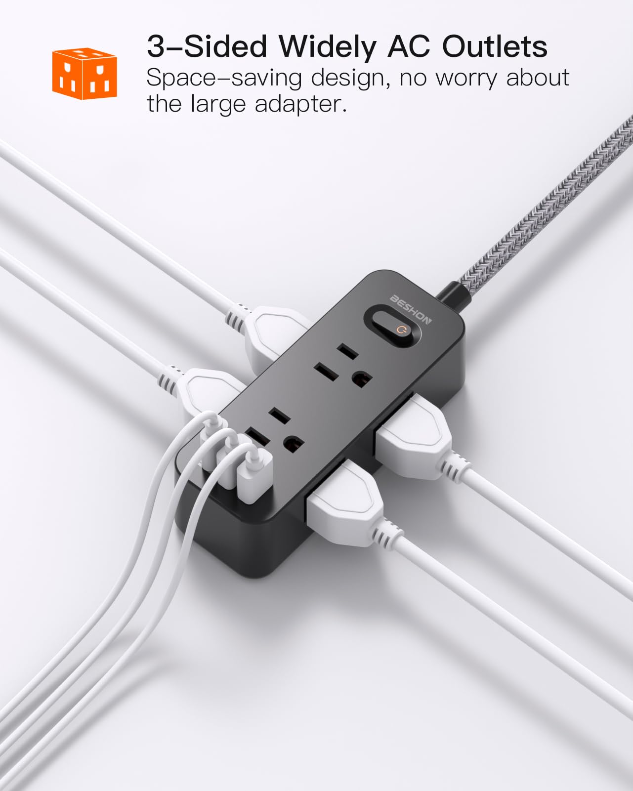 Power Strip Surge Protector, 5Ft Extension Cord, 6 Outlets with 3 USB Ports(1 USB C Outlet), 3-Side Outlet Extender, Wall Mount, Compact for Travel, Home, School, College Dorm Room and Office