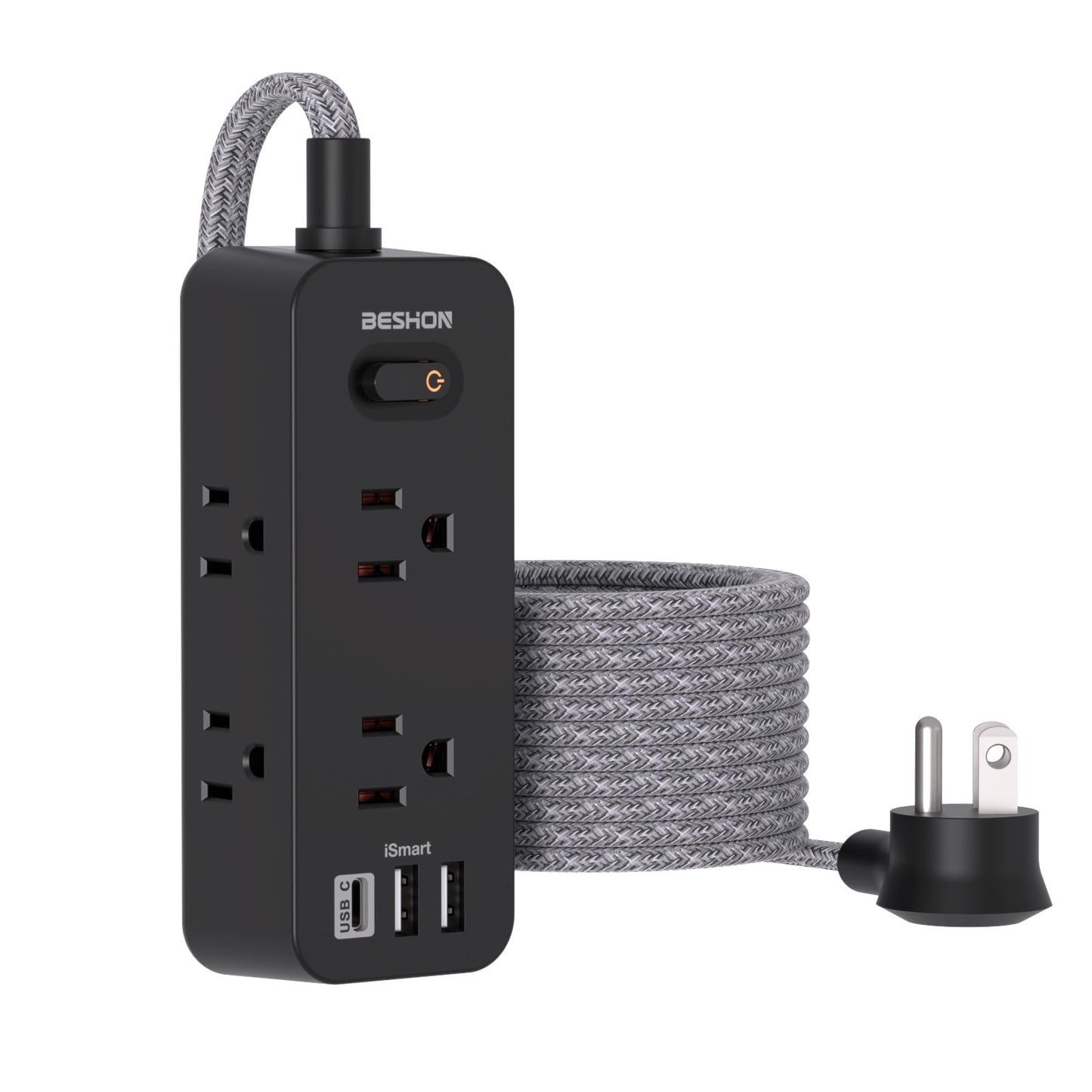 Power Strip Surge Protector, 5Ft Extension Cord, 6 Outlets with 3 USB Ports(1 USB C Outlet), 3-Side Outlet Extender, Wall Mount, Compact for Travel, Home, School, College Dorm Room and Office