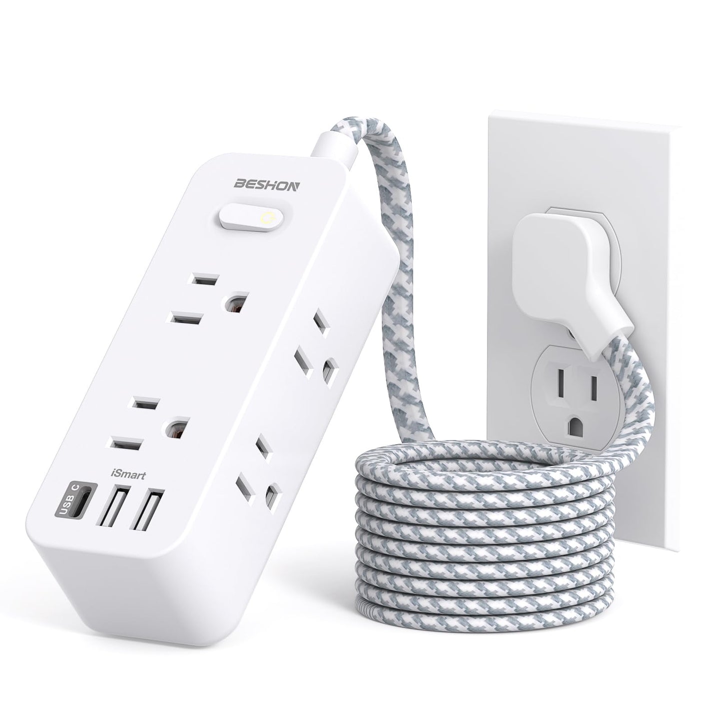 Power Strip Surge Protector, 5Ft Extension Cord, 6 Outlets with 3 USB Ports(1 USB C Outlet), 3-Side Outlet Extender, Wall Mount, Compact for Travel, Home, School, College Dorm Room and Office