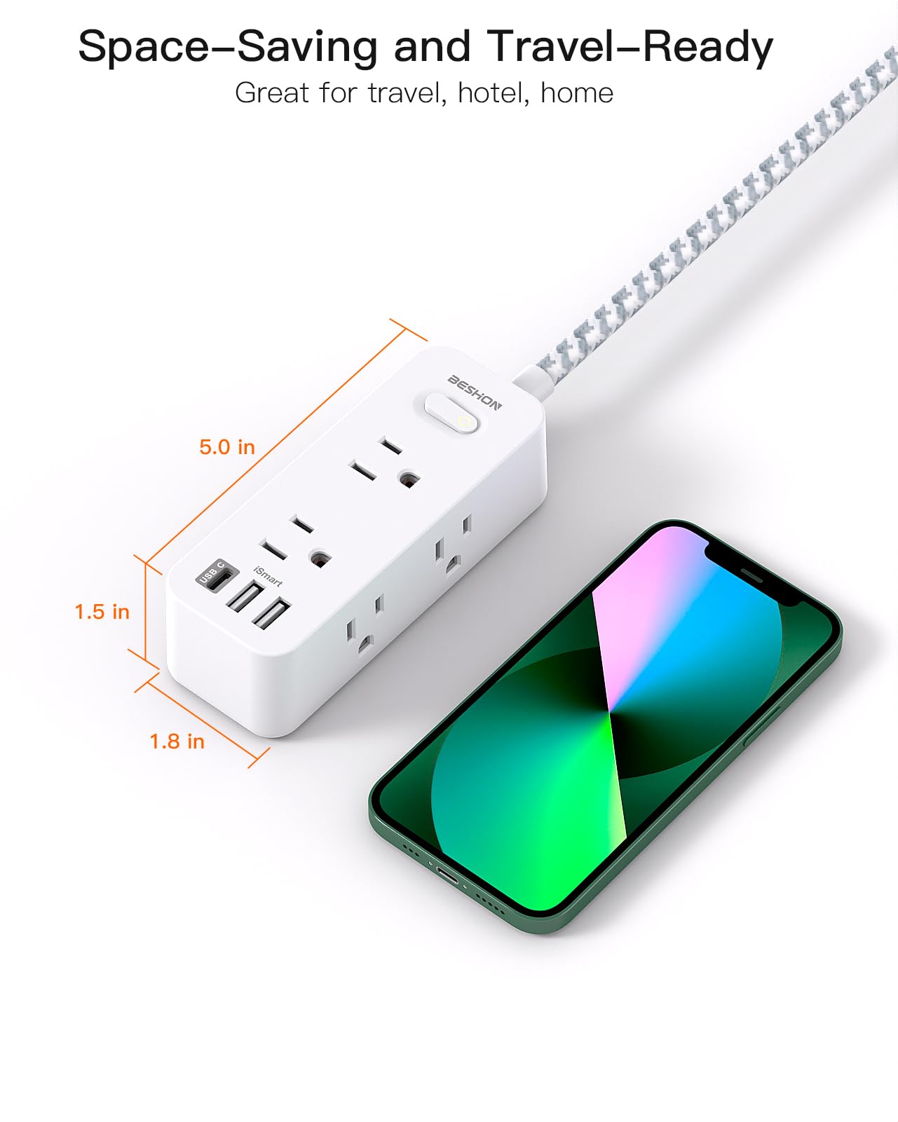 Power Strip Surge Protector, 5Ft Extension Cord, 6 Outlets with 3 USB Ports(1 USB C Outlet), 3-Side Outlet Extender, Wall Mount, Compact for Travel, Home, School, College Dorm Room and Office