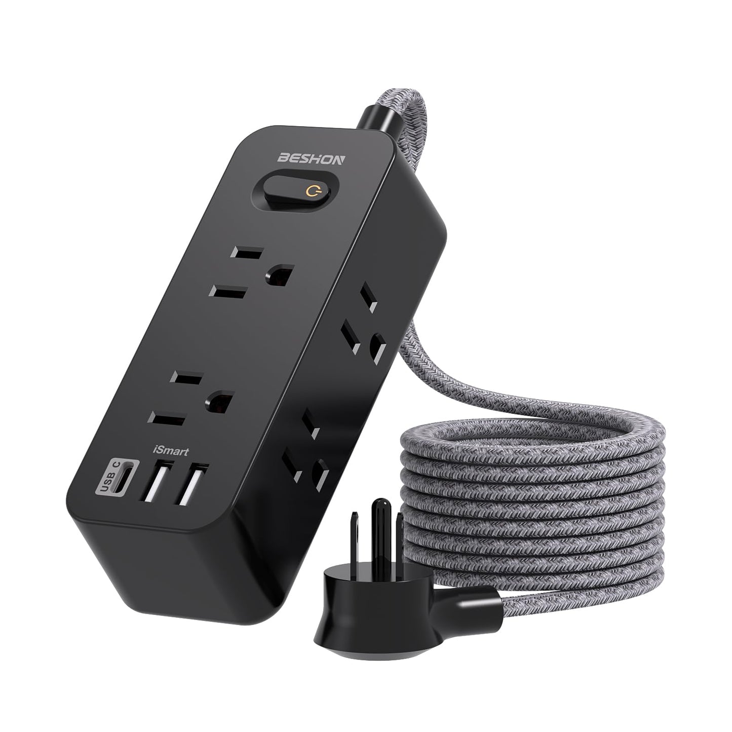 Power Strip Surge Protector, 5Ft Extension Cord, 6 Outlets with 3 USB Ports(1 USB C Outlet), 3-Side Outlet Extender, Wall Mount, Compact for Travel, Home, School, College Dorm Room and Office