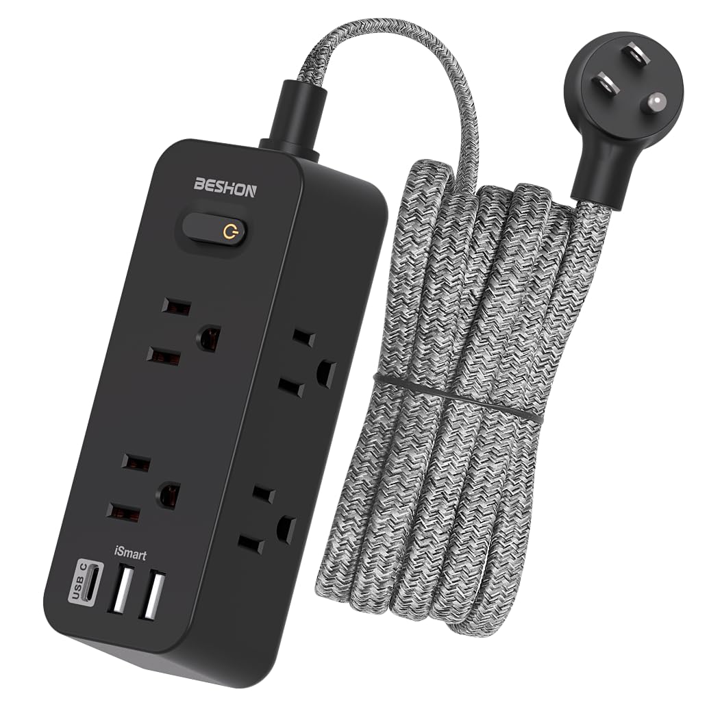 Power Strip Surge Protector, 5Ft Extension Cord, 6 Outlets with 3 USB Ports(1 USB C Outlet), 3-Side Outlet Extender, Wall Mount, Compact for Travel, Home, School, College Dorm Room and Office