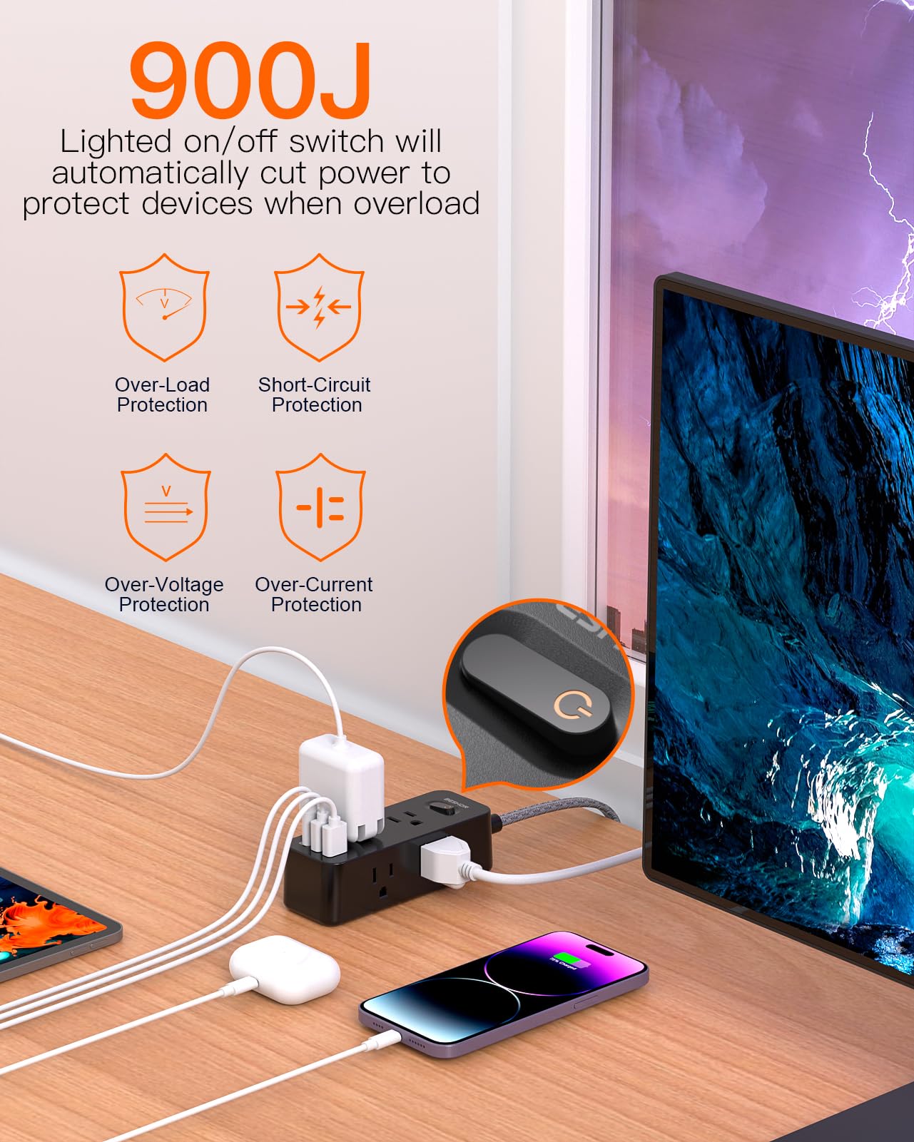 Power Strip Surge Protector, 5Ft Extension Cord, 6 Outlets with 3 USB Ports(1 USB C Outlet), 3-Side Outlet Extender, Wall Mount, Compact for Travel, Home, School, College Dorm Room and Office