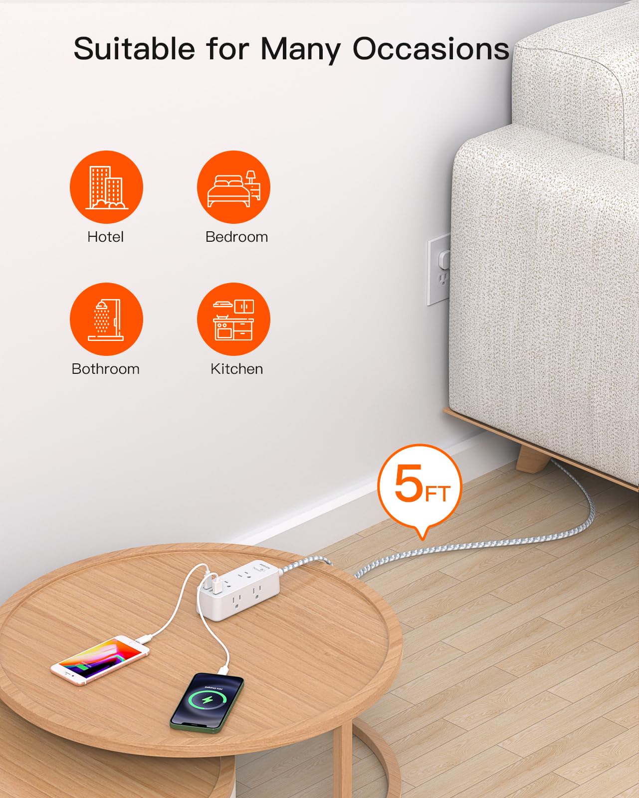 Power Strip Surge Protector, 5Ft Extension Cord, 6 Outlets with 3 USB Ports(1 USB C Outlet), 3-Side Outlet Extender, Wall Mount, Compact for Travel, Home, School, College Dorm Room and Office