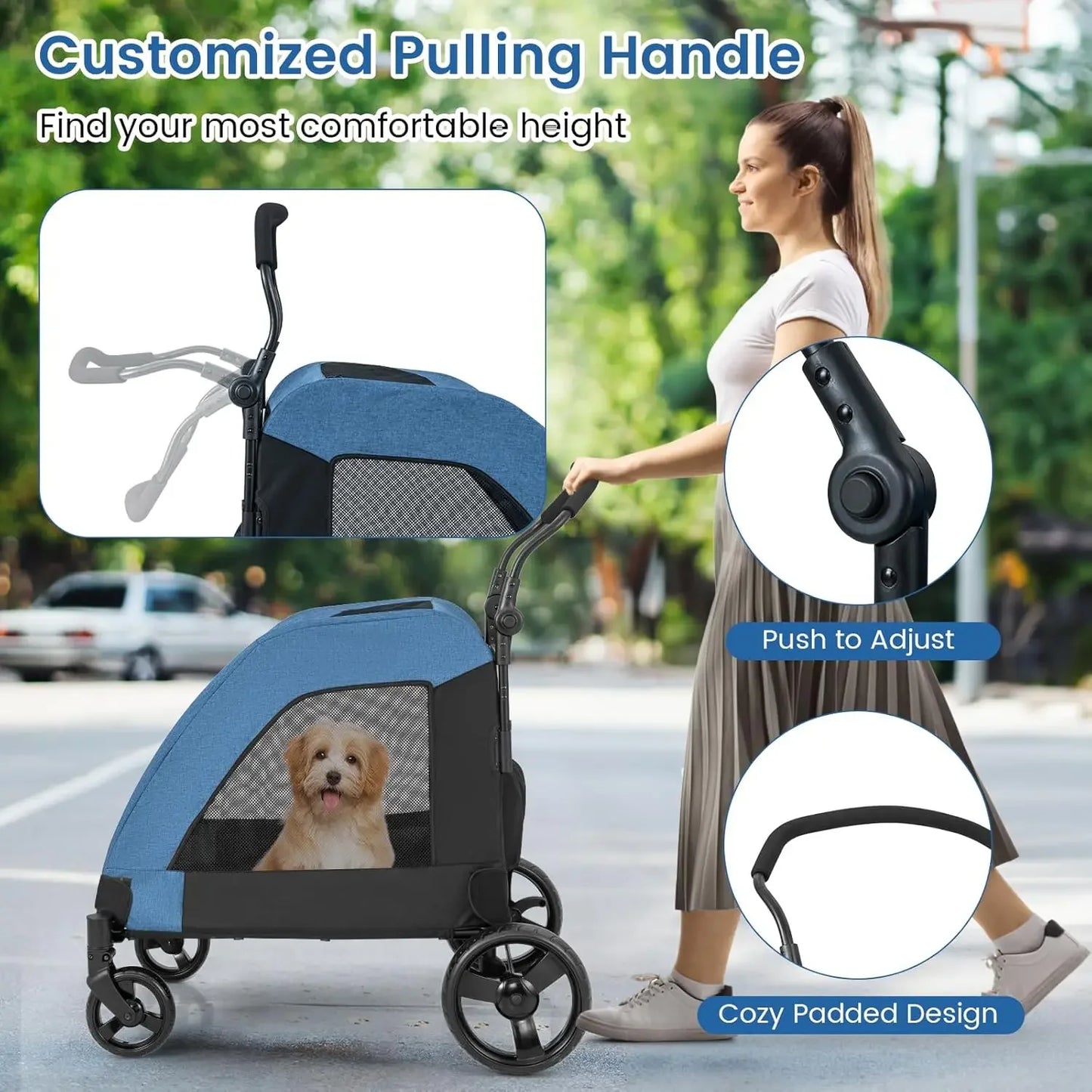 Dog Stroller for Large Dogs - Extra Large Pet Stroller for Senior Dogs, Safety Belt, Adjustable Handle, Removable Pad, Folding D