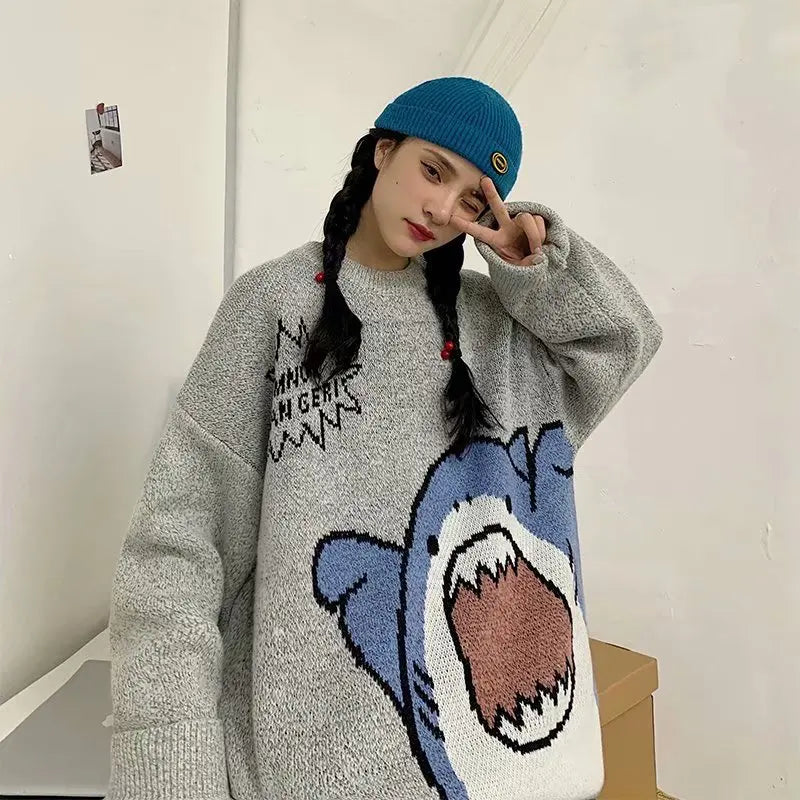 Abfer Autumn Winter Men Turtlenecks Cartoon Shark Sweater 2021 Women's Jumper Oversized Pullovers Kawaii Sweaters Couple Clothes