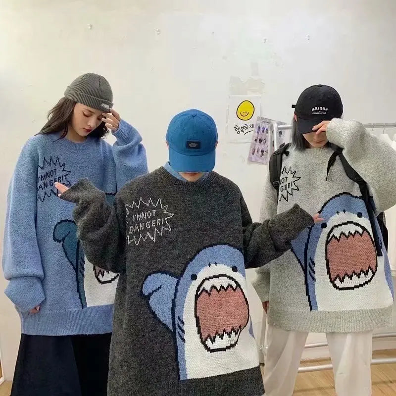 Abfer Autumn Winter Men Turtlenecks Cartoon Shark Sweater 2021 Women's Jumper Oversized Pullovers Kawaii Sweaters Couple Clothes