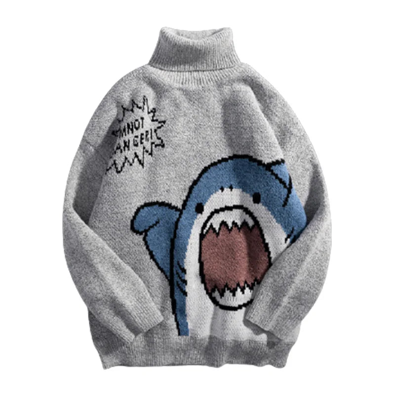 Abfer Autumn Winter Men Turtlenecks Cartoon Shark Sweater 2021 Women's Jumper Oversized Pullovers Kawaii Sweaters Couple Clothes