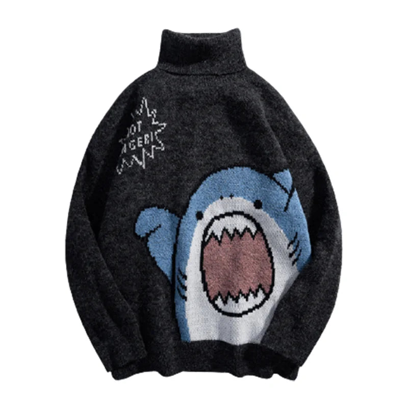 Abfer Autumn Winter Men Turtlenecks Cartoon Shark Sweater 2021 Women's Jumper Oversized Pullovers Kawaii Sweaters Couple Clothes