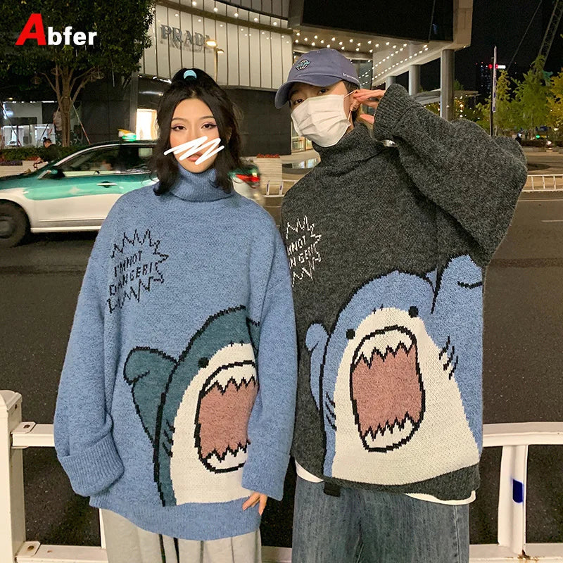 Abfer Autumn Winter Men Turtlenecks Cartoon Shark Sweater 2021 Women's Jumper Oversized Pullovers Kawaii Sweaters Couple Clothes