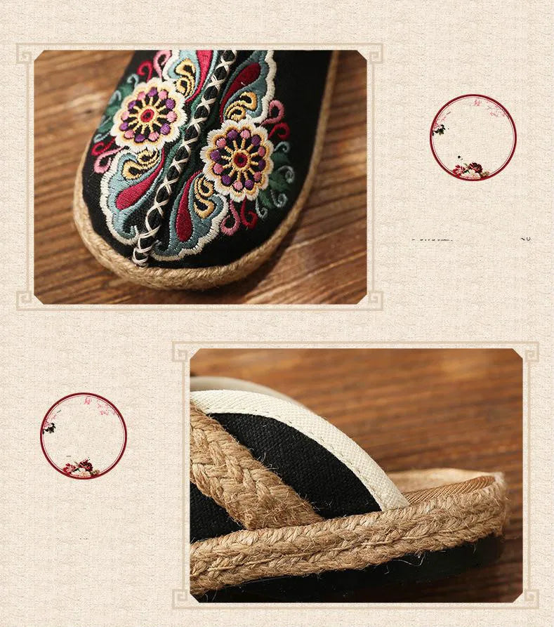 Johnature Women Slippers Summer 2024 New Slides Embroider Flat With Women Shoes Retro Flower Handmade Concise Ladies Slippers