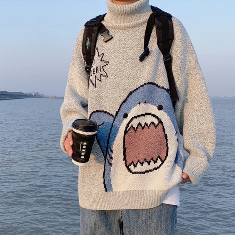 Abfer Autumn Winter Men Turtlenecks Cartoon Shark Sweater 2021 Women's Jumper Oversized Pullovers Kawaii Sweaters Couple Clothes