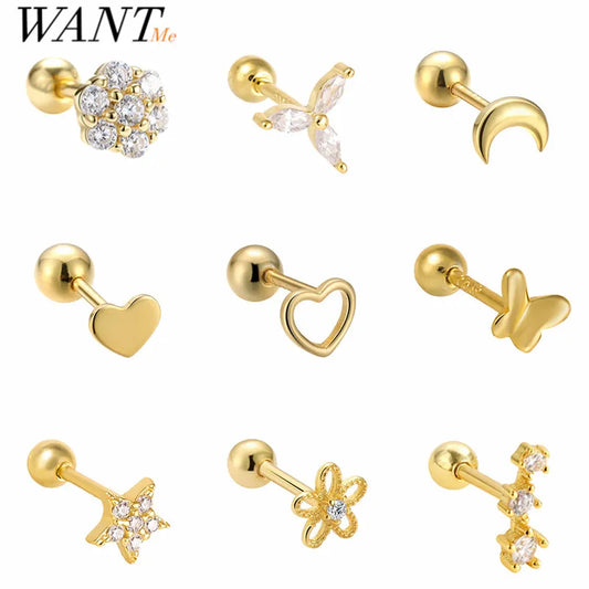 WANTME 925 Sterling Silver Fashion Simple Love Star Spiral Bead Stud Earrings for Women Chic Party Piercing Jewelry Accessories