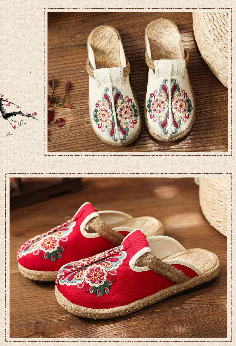 Johnature Women Slippers Summer 2024 New Slides Embroider Flat With Women Shoes Retro Flower Handmade Concise Ladies Slippers