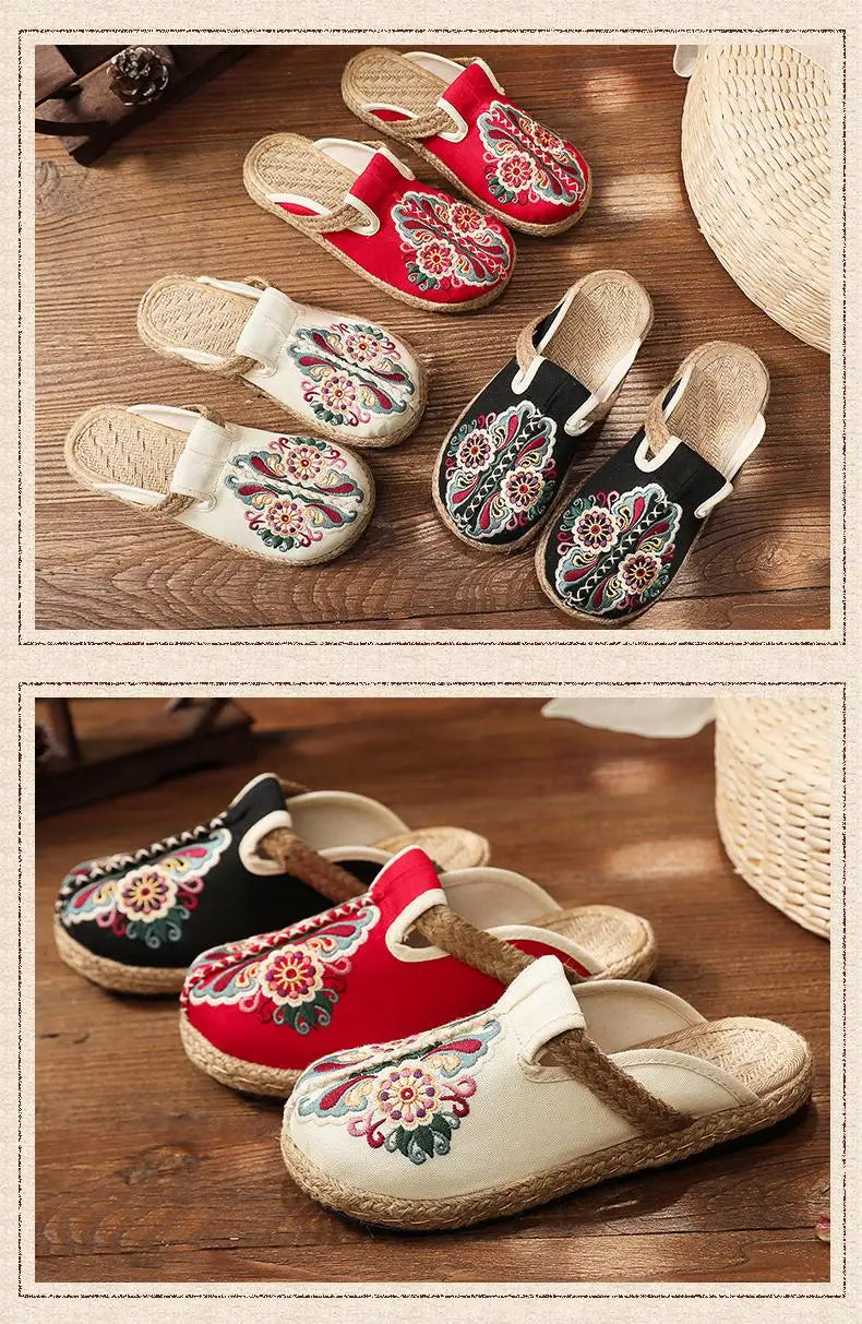 Johnature Women Slippers Summer 2024 New Slides Embroider Flat With Women Shoes Retro Flower Handmade Concise Ladies Slippers