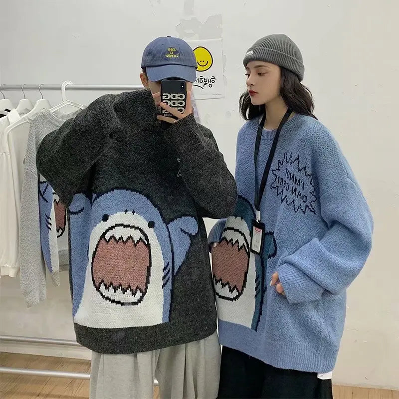 Abfer Autumn Winter Men Turtlenecks Cartoon Shark Sweater 2021 Women's Jumper Oversized Pullovers Kawaii Sweaters Couple Clothes