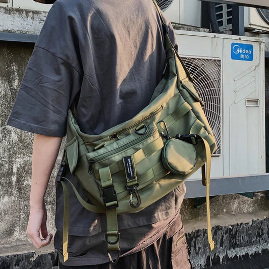 Ins shoulder crossbody bag, men's fashion brand Harajuku functional bag, fashion business, student dark wind work bag, women.