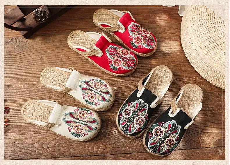 Johnature Women Slippers Summer 2024 New Slides Embroider Flat With Women Shoes Retro Flower Handmade Concise Ladies Slippers