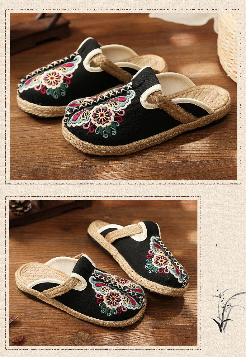 Johnature Women Slippers Summer 2024 New Slides Embroider Flat With Women Shoes Retro Flower Handmade Concise Ladies Slippers