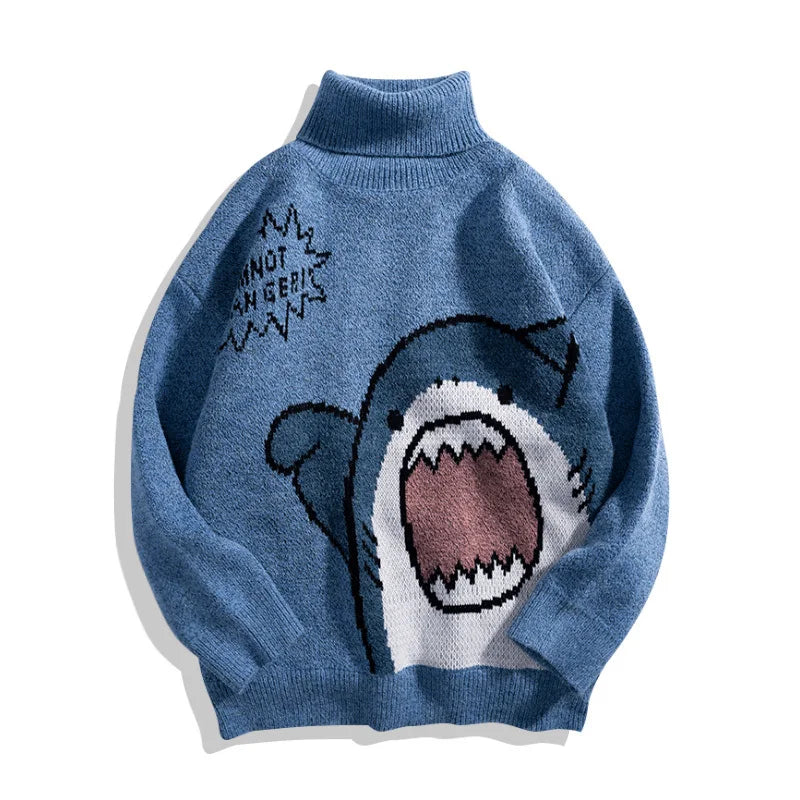 Abfer Autumn Winter Men Turtlenecks Cartoon Shark Sweater 2021 Women's Jumper Oversized Pullovers Kawaii Sweaters Couple Clothes