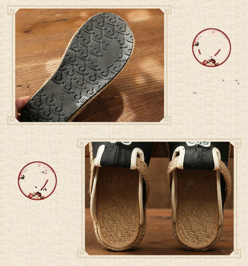 Johnature Women Slippers Summer 2024 New Slides Embroider Flat With Women Shoes Retro Flower Handmade Concise Ladies Slippers