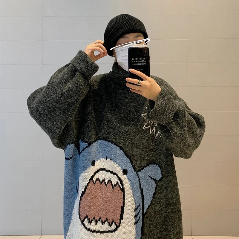 Abfer Autumn Winter Men Turtlenecks Cartoon Shark Sweater 2021 Women's Jumper Oversized Pullovers Kawaii Sweaters Couple Clothes