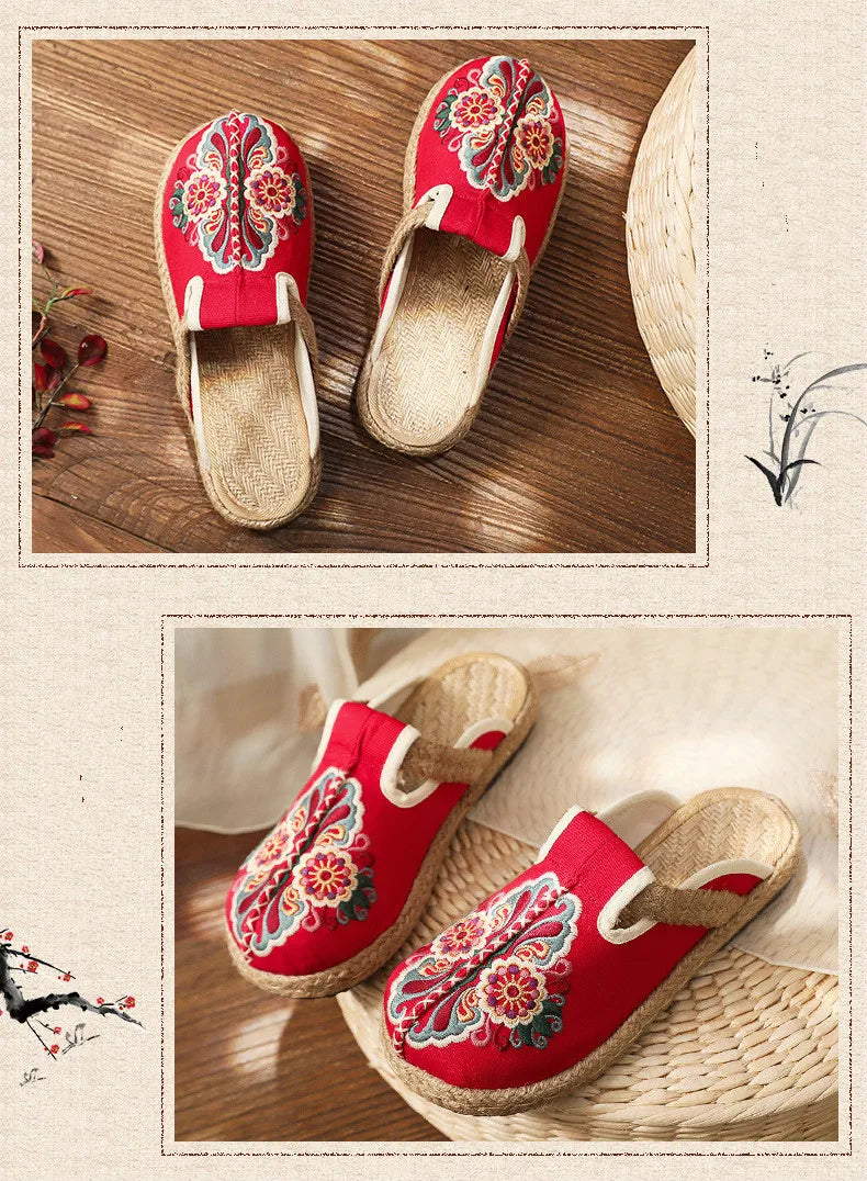 Johnature Women Slippers Summer 2024 New Slides Embroider Flat With Women Shoes Retro Flower Handmade Concise Ladies Slippers