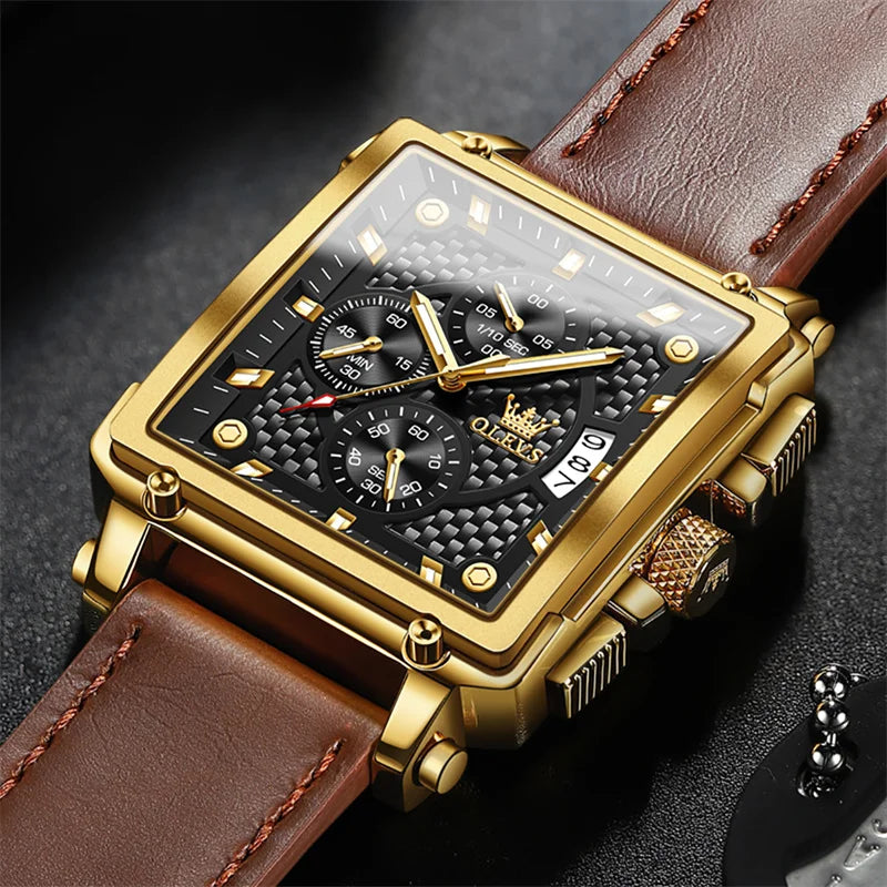 OLEVS Fashion Square Dial Leather Mens Watches Luxury Sport Waterproof Watch Man Chronograph Quartz WristWatches Montre Homme