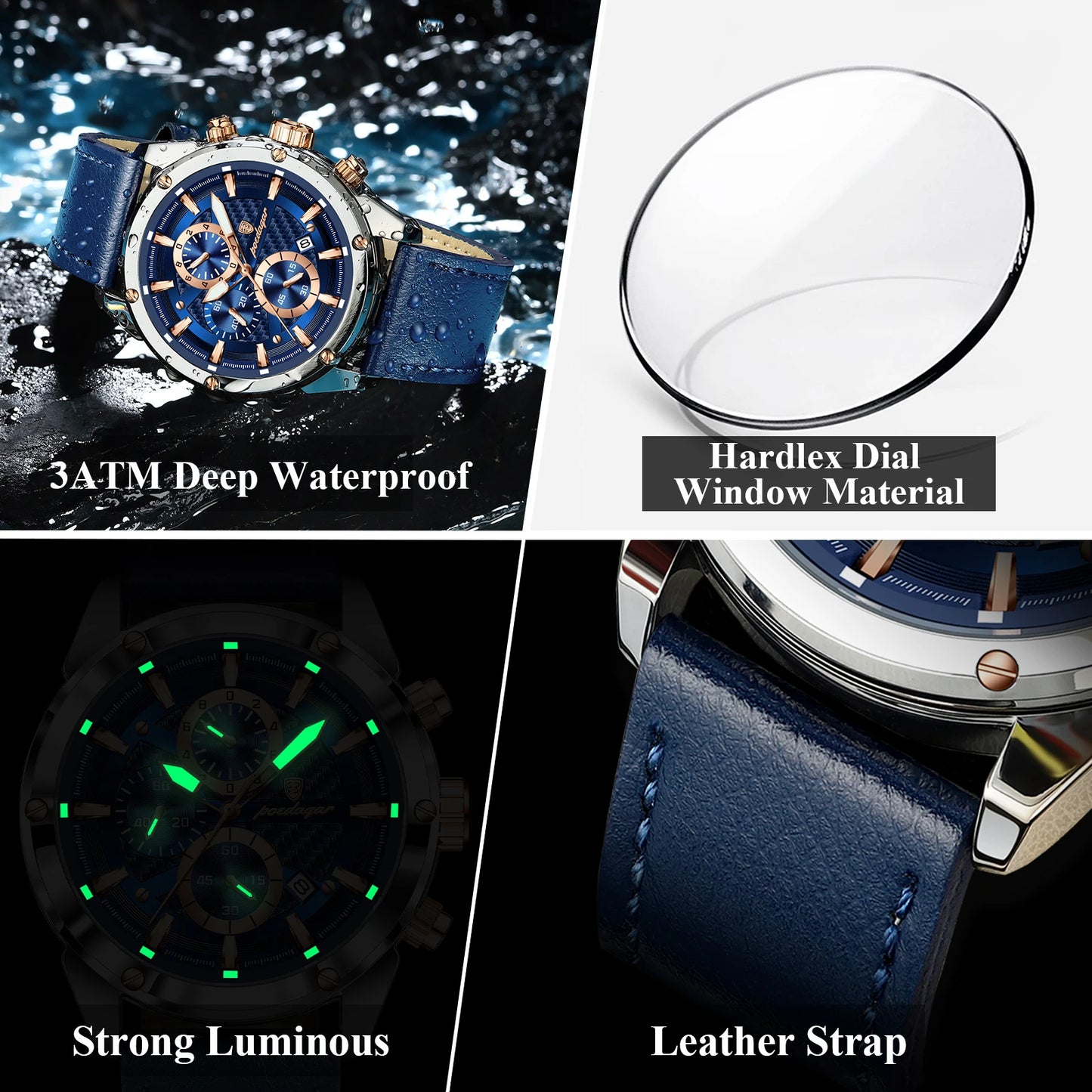 POEDAGAR Casuual Fashion Men's Watches Waterproof Leather Strap Wristwatch Waterproof Luminous Chronograph Date Watch for Man