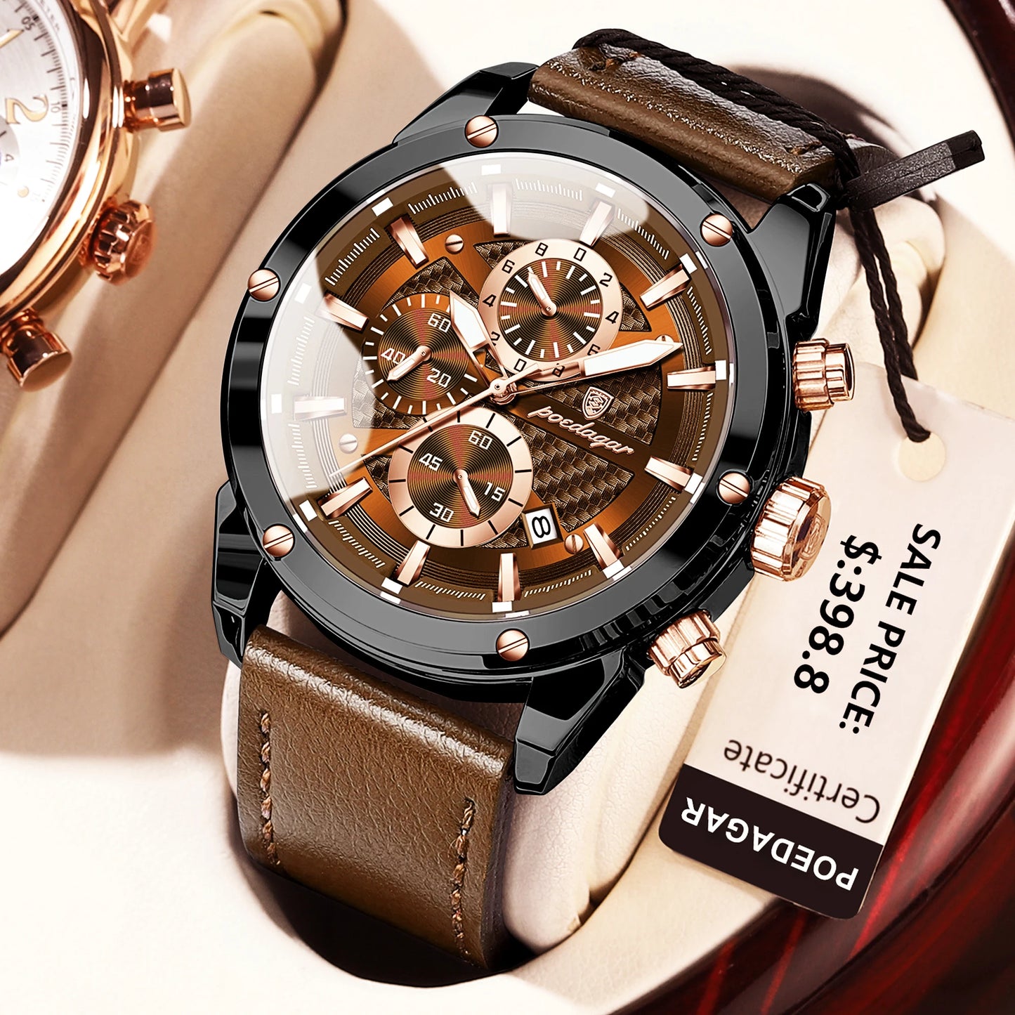 POEDAGAR Casuual Fashion Men's Watches Waterproof Leather Strap Wristwatch Waterproof Luminous Chronograph Date Watch for Man