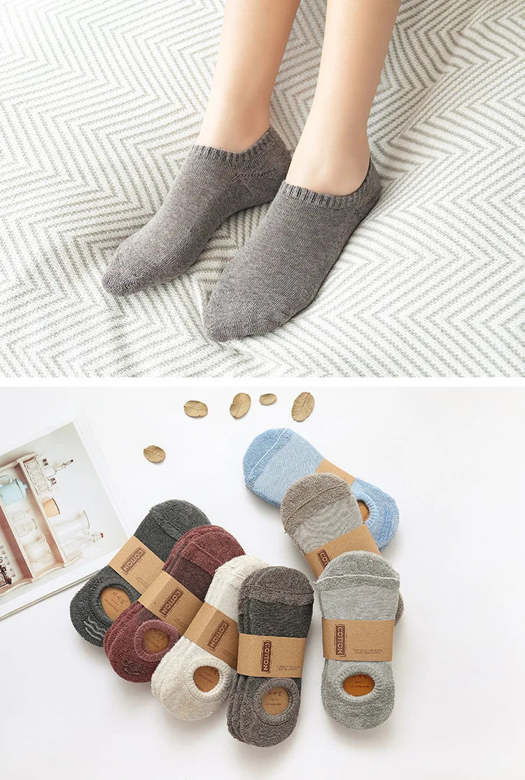 Autumn Winter Casual Boat Socks Women'S Solid Color Thick Invisible Low Cut Socks for Women Silicone Non-Slip Warm Cotton Socks