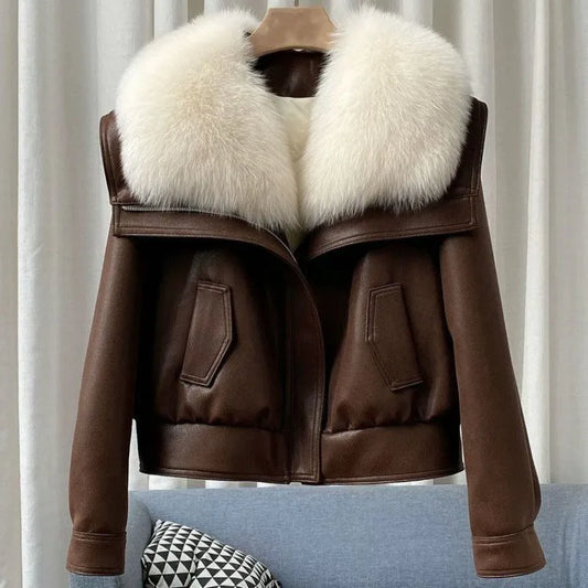 Leather Mink Fur Collar Winter Women White Duck Down Jacket Ladies Vintage Short Warm Puffer Coat Female Parka Outerwear