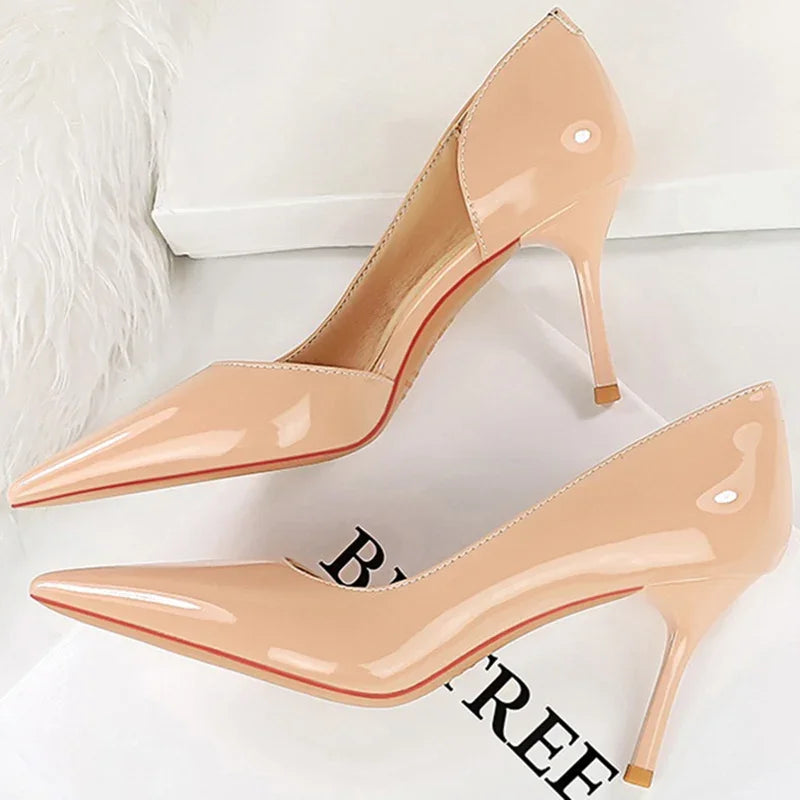 Size 34-43 Women 8cm Thin High Heels Pumps Lady Shallow Pointed Toe Mid Heels Side Hollow Patent Leather Nude Burgundy Red Shoes