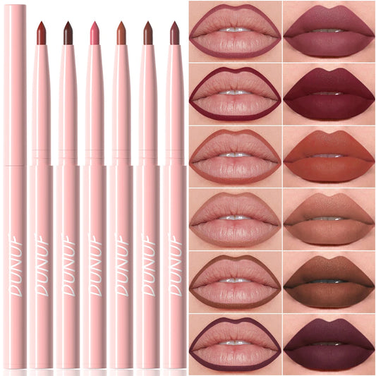 DUNUF 6pcs/set Velvet Matte Lipliner Pencil Waterproof  Lipstick Pen Non-stick Cup Makeup Rose Red Lip Tint Nude Brown Lip Liner