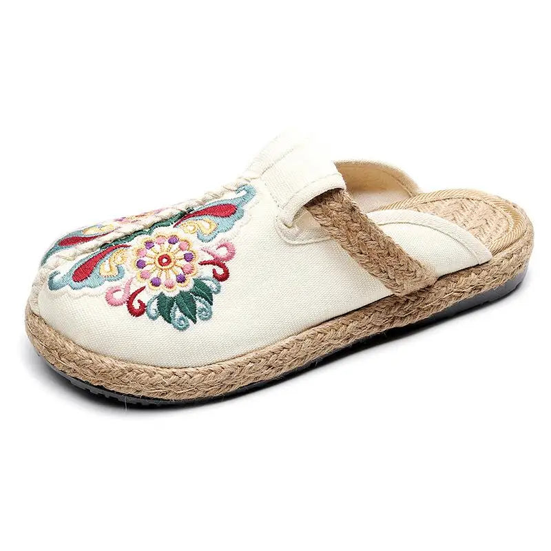 Johnature Women Slippers Summer 2024 New Slides Embroider Flat With Women Shoes Retro Flower Handmade Concise Ladies Slippers