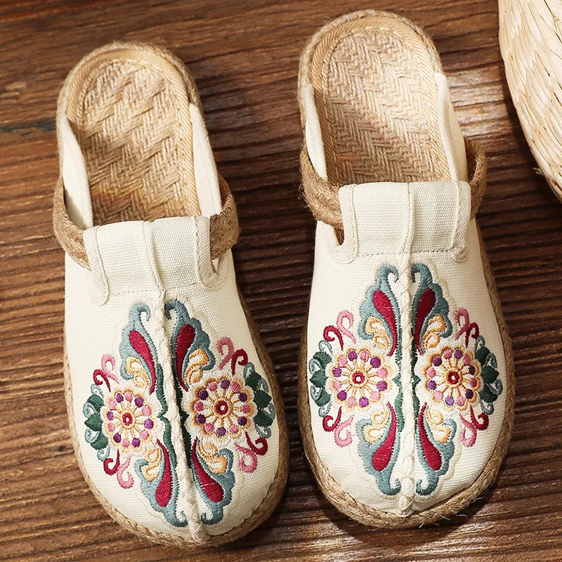 Johnature Women Slippers Summer 2024 New Slides Embroider Flat With Women Shoes Retro Flower Handmade Concise Ladies Slippers