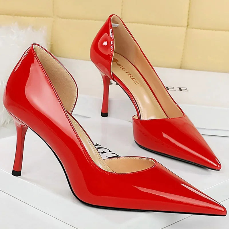 Size 34-43 Women 8cm Thin High Heels Pumps Lady Shallow Pointed Toe Mid Heels Side Hollow Patent Leather Nude Burgundy Red Shoes