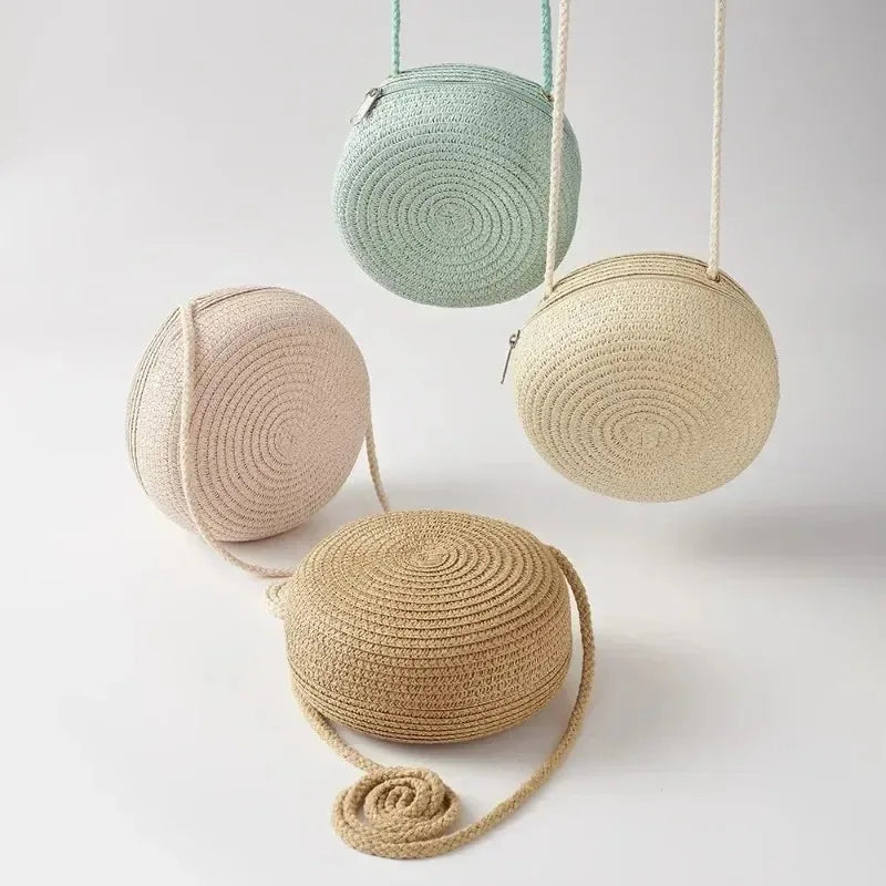 12cm Women Handmade Straw Bag Kids Girl Round Straw Handbag Summer Beach Bag Rattan Woven Shoulder Bags Handbag Knit Accessories